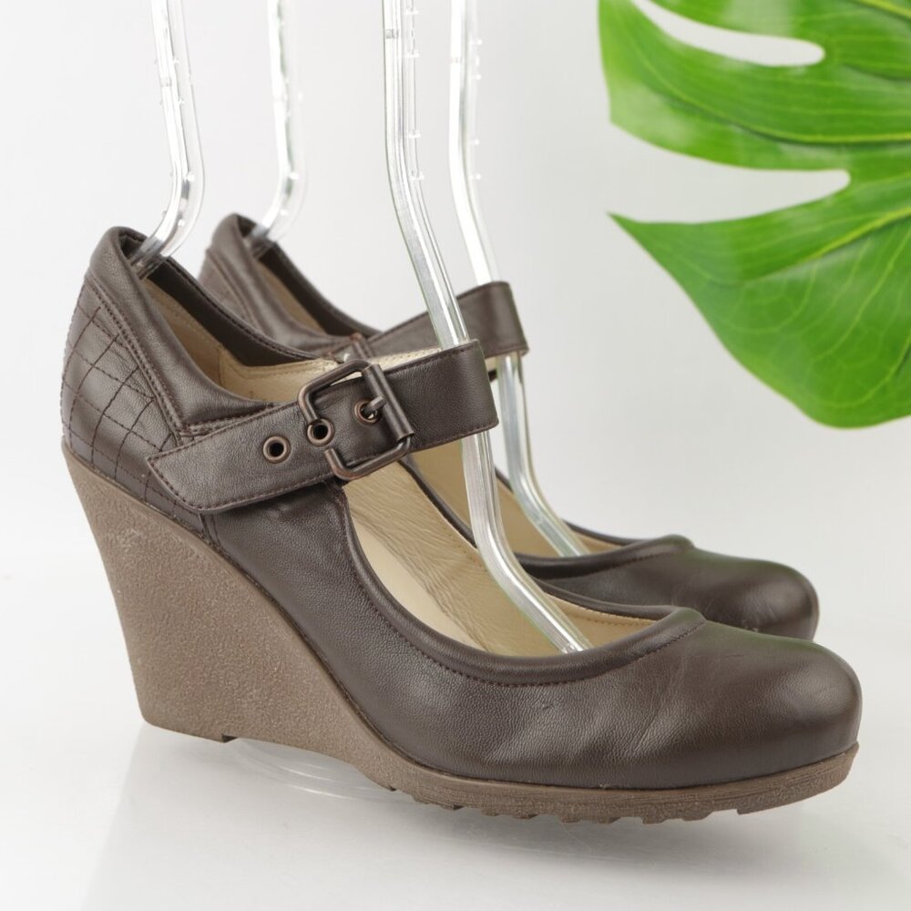 ALL-BLACK Womens Mary Jane Pump Size 41 10.5 Brown Leather Wedge Heel Shoe Comfy